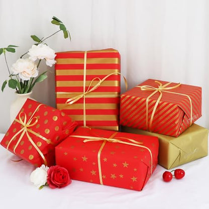 BEISHIDA 100 Sheets Gold Red Tissue Paper Bulk, Gold Dots Star Twill Stripes Wrapping Tissue Paper for Gift Bags, 14 x 20 Inch Gift Wrap for Graduation Wedding Christmas Bridal Shower DIY Crafts - color: goldred100