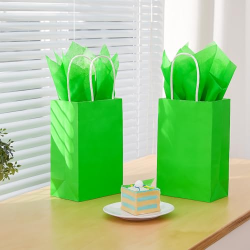 SUNCOLOR Green Gift Bags with Handles, 24 Pack 8" Small Kraft Paper Party Favor Bags with Tissue Paper for Christmas, St. Patrick's Day, Birthdays - color: Green