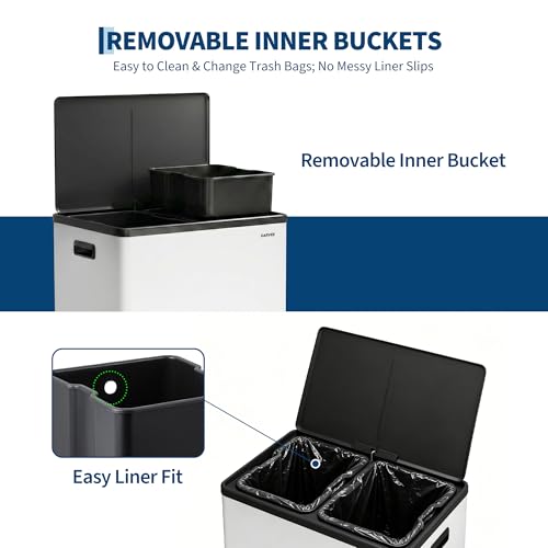 10.5 Gal Dual Compartment Stainless Steel Kitchen Trash Can with Lid, 20L+20L Recycling Garbage Bin, Soft Close Foot Pedal Trash Bin with 2 Removable Inner Buckets, Fingerprint Resistant for Home Offi - color: White, size: 2x5.25Gal