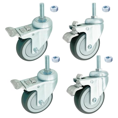4 inch Swivel Caster Wheels Heavy Duty with Aluminum Brake, 3/8"-16x1 Threaded Stem Casters Set of 4, TPR Rubber Wheels for Hospital, Lab, Furnitures,Restaurant - color: Grey TPR, size: 3/8"-16x1", style: 4 AL brake