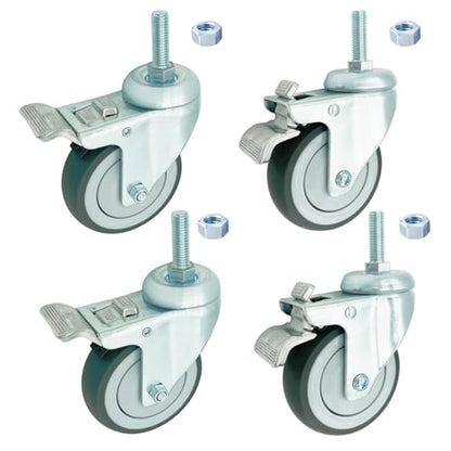 4 inch Swivel Caster Wheels Heavy Duty with Aluminum Brake, 3/8"-16x1 Threaded Stem Casters Set of 4, TPR Rubber Wheels for Hospital, Lab, Furnitures,Restaurant - color: Grey TPR, size: 3/8"-16x1", style: 4 AL brake