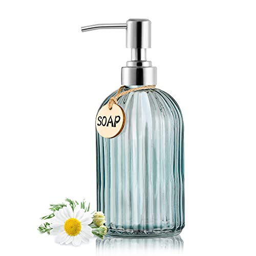 MOCLIF 16OZ Fashion Stripe Clear Glass Refillable Soap Dispenser with 304 Stainless Steel Pump Premium Soap Dispenser， for Kitchen, Bathroom, Hand Sanitizer, Liquid Soap, Lotion, etc. (Clear Blue) - color: Light Blue