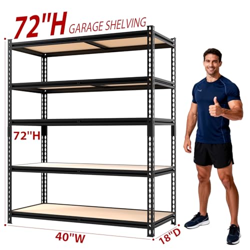 72“H Garage Shelving Heavy Duty Storage Shelves 4000 LBS Adjustable Metal Shelving Uints and Storage for Garage,Warehouse,School,Commercial,Business，72 "H x 40 "W x 18.02 "D - size: 72H*40W*18.02D