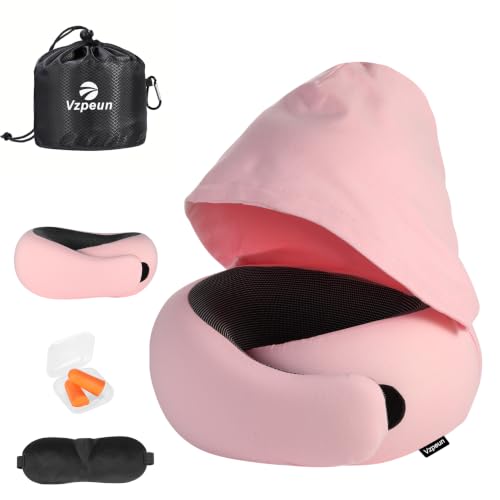 Travel Pillow - Hooded Neck Pillow Airplane Memory Foam Filling - color: Pink