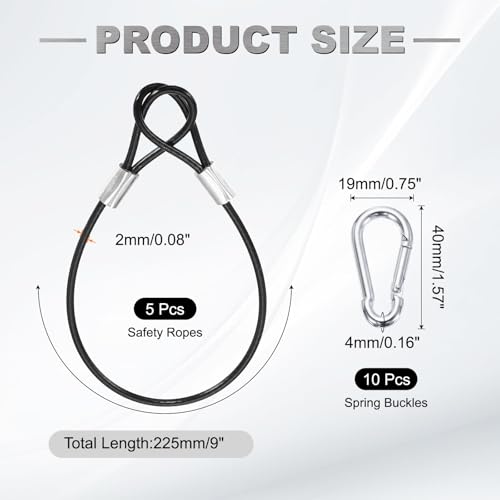 PATIKIL 9" Safety Cable Lock Security Wire Ropes w 10 Spring Buckle 5Pcs - color: Black, size: 9 Inch
