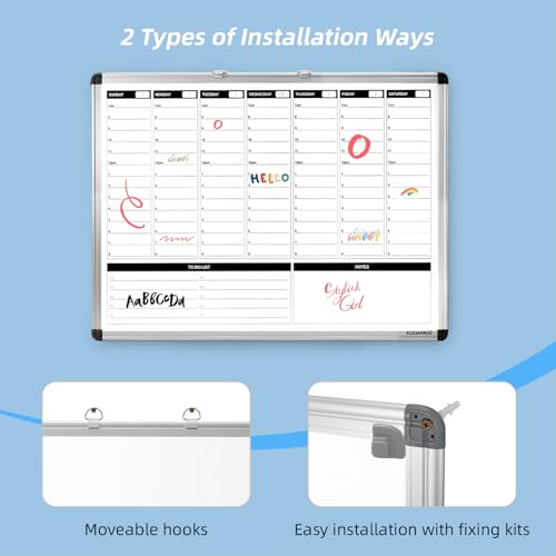 Large Weekly Dry Erase Board, Weekly Planner whiteboard with Hourly time Slots, Whiteboard Weekly Calendar for Schedule for wall 36" X 24" Double-Sided for Office, Home and School - size: 36"W x 24"H