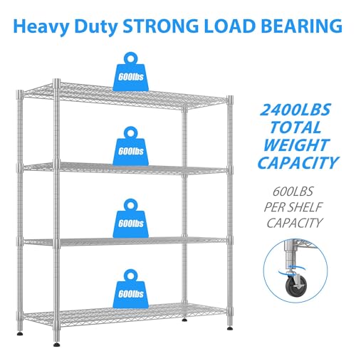 Homdox 4-Tier Heavy Duty Metal Shelves with Wheels - 2400LBS Commercial Adjustable Shelves for Garage, Pantry, Kitchen - 24"x60"x72", Chrome - color: Silver, size: 24"x60"x72"