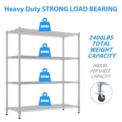 Homdox 4-Tier Heavy Duty Metal Shelves with Wheels - 2400LBS Commercial Adjustable Shelves for Garage, Pantry, Kitchen - 24"x60"x72", Chrome - color: Silver, size: 24"x60"x72"