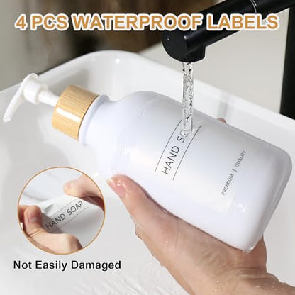 KASUNTING White Soap Dispenser, 2 Pack Plastic Bathroom Hand Soap and Lotion Dispenser Set with Bamboo Pump, 17 Fl Oz Hand and Dish Soap Dispensers Set for Kitchen, Refillable Liquid Soap Bottles - color: White, size: 2 Bottles