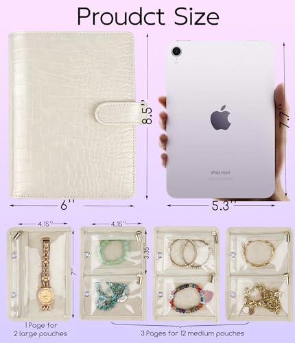Travel Jewelry Organizer Case,Small Jewelry Bags Jewelry Storage Book Ring Binder with Clear Zipper Velvet Pouch for Traveling - color: Case,Beige