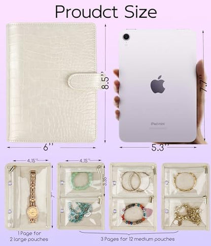 Travel Jewelry Organizer Case,Small Jewelry Bags Jewelry Storage Book Ring Binder with Clear Zipper Velvet Pouch for Traveling - color: Case,Beige