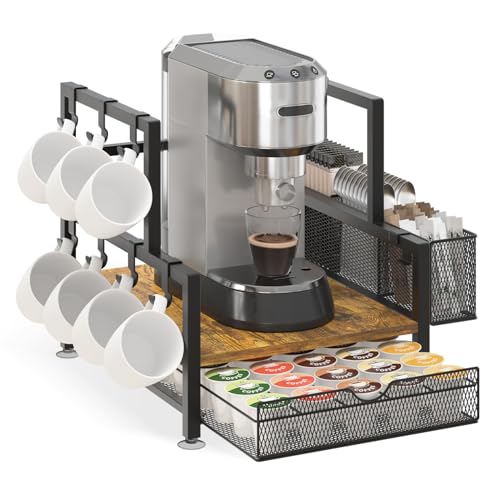 EsLuker.ly Coffee Bar Station Organizer with K Cup Drawer, 7 Mug Hooks - color: Black+Dark Brown
