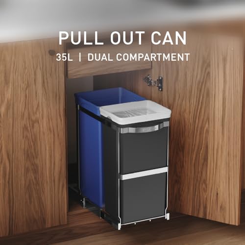 simplehuman 35 Liter / 9.3 Gallon Dual Compartment Under Counter Kitchen Cabinet Pull-Out Recycling Bin and Trash Can, Chrome - size: 35L Dual