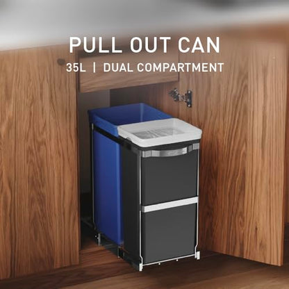 simplehuman 35 Liter / 9.3 Gallon Dual Compartment Under Counter Kitchen Cabinet Pull-Out Recycling Bin and Trash Can, Chrome - size: 35L Dual