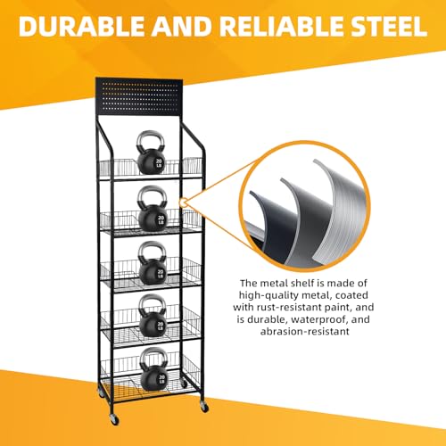 TONGMO 5 Tier Snack Rack Display Stand - Retail Display Shelves with Top Pegboard, 15 Hooks, Bakery Display Rack on Wheels for Easy Mobility and Organization (Black, 5‑Tier) - color: Black