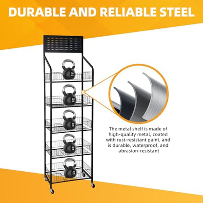 TONGMO 5 Tier Snack Rack Display Stand - Retail Display Shelves with Top Pegboard, 15 Hooks, Bakery Display Rack on Wheels for Easy Mobility and Organization (Black, 5‑Tier) - color: Black