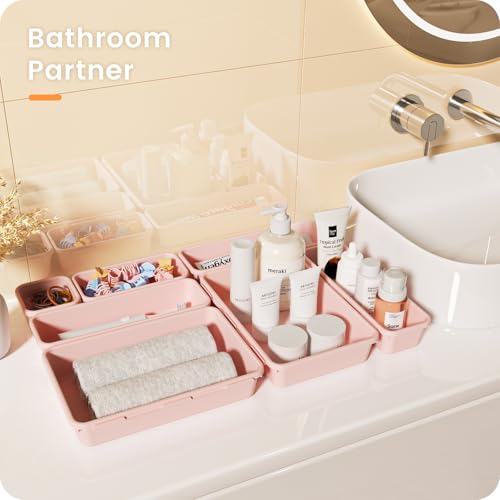 A-LuGei 【Military Grade】 Drawer Organizer for Vanity Bathroom Makeup Desk - color: Pink