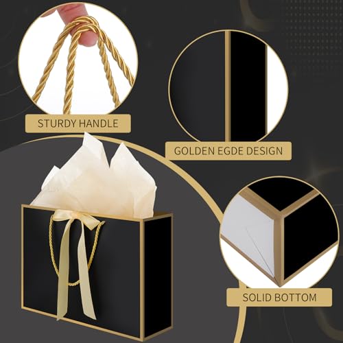woric Black Gift Bags with Handles, 14" Medium Gift Bag with Tissue Paper - color: Black