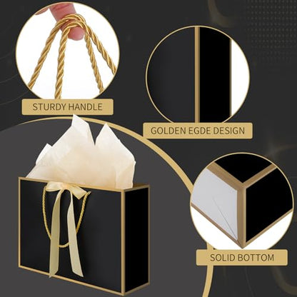 woric Black Gift Bags with Handles, 14" Medium Gift Bag with Tissue Paper - color: Black