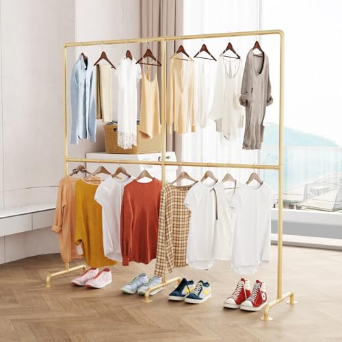 Industrial Pipe Clothing Rack, Heavy Duty Metal Clothes Rack with Double Rods, Freestanding Garment Rack for Bedroom Boutique Retail Use - color: gold-78''