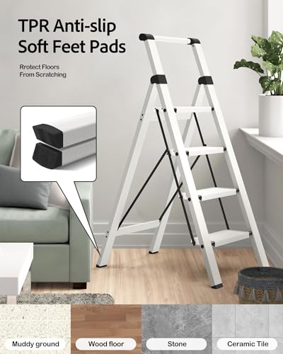 Taranta 4 Step Ladder,Lightweight Aluminum Step Stool Foldable -White - color: White, size: 4 Step