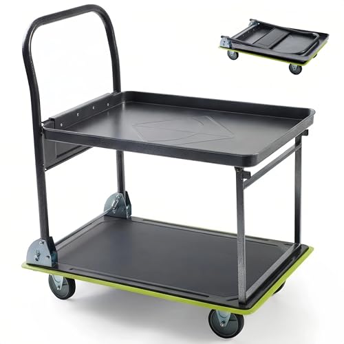 2 Tier Foldable Flatbed Cart, Push Cart Dolly, Removable Top Shelf