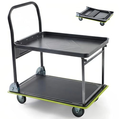 2 Tier Foldable Flatbed Cart, Push Cart Dolly, Removable Top Shelf