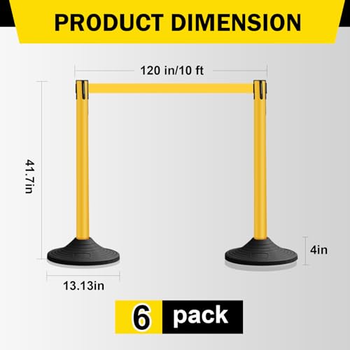 10 ft Crowd Control Stanchion Set, Yellow Crowd Control Barrier with Retractable Belts & Rubber Base, Queue Management Stanchion (6 Pack) - size: Rubber Base-6 Pack