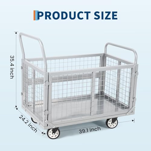 Heavy Duty Platform Truck Cart with Cage, 39" x 24" Hand Moving Cart 2000 Lbs Capacity, Multi-Functional Folding Cage Cart with Basket for Warehouse, Luggage Moving, Silver - color: Silver
