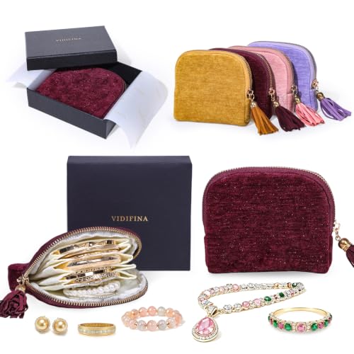 Travel Jewelry Case, Velvet Pouch Bags with Zipper, Plum Purple - color: Plum Purple