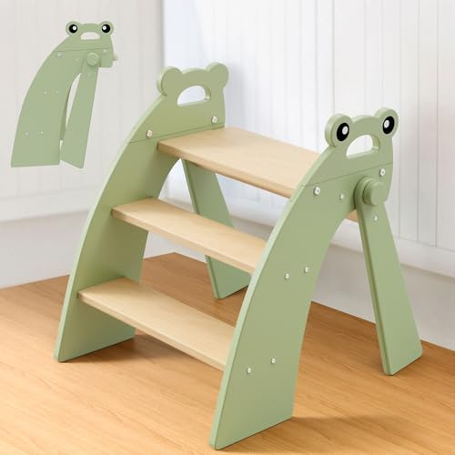 Wooden Step Stool for Toddlers, 3 Foldable Step Stool for Kids Bathroom Sink & Potty Training, Bamboo Toddler Stool with Green Frog Handles and Non-Slip Pads for Bedroom, Kitchen Helper - color: 3 Step Green