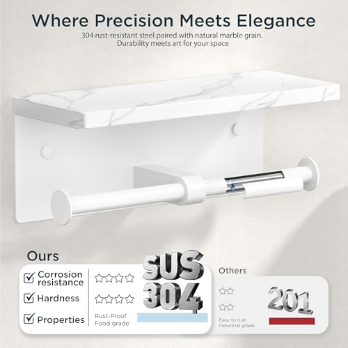 FORIOUS Double Marble Toilet Paper Holder with Phone Shelf, Commercial - color: White, size: Double Roll