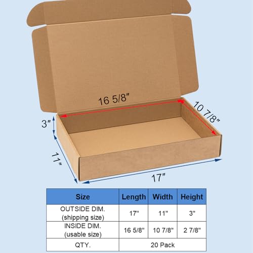 Wowxyz Shipping Boxes 17x11x3 Inches 20 Pack Corrugated Cardboard Brown Box - size: 17x11x3"
