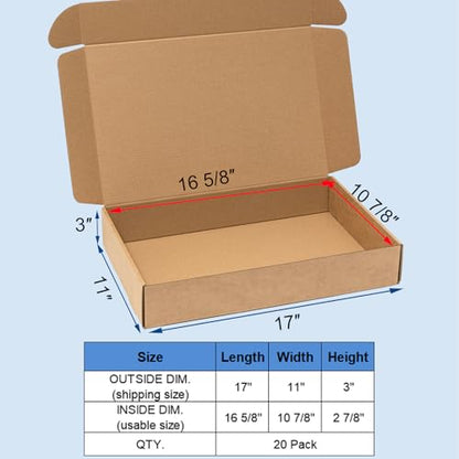 Wowxyz Shipping Boxes 17x11x3 Inches 20 Pack Corrugated Cardboard Brown Box - size: 17x11x3"