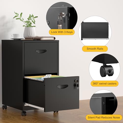SteeLoong 2 Drawer File Cabinet,Metal Mobile File Cabinet with Lock Black - color: Black, style: 2 Drawer on Wheels
