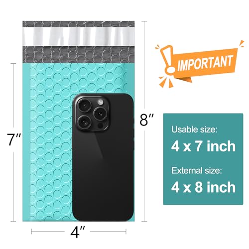 Famagic Teal Bubble Mailers 4x8 for Jewelry and Cards, 50pc, Usable 4x7 - color: Teal, size: 4x8 50pcs