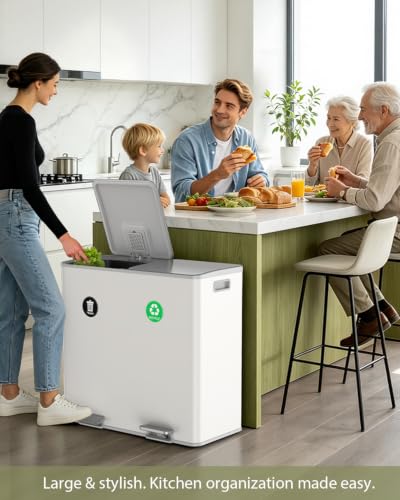 Dual Trash and Recycling Bins for Kitchen, 2*13.2 Gal Dual Trash Can, White - color: White, size: 2 * 13.2 Gallon