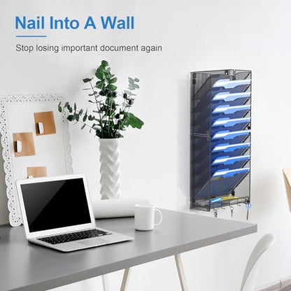 OUTWOLF 10 Tier Hanging Wall File Organizer Wall Mount Paper Document Folder Holder with Hooks for Home Office Organization - color: 10 Pocket