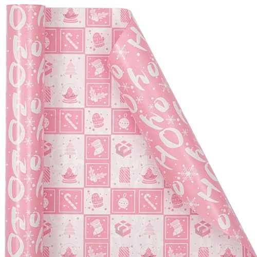 Ulmasinn Reversible Christmas Wrapping Paper Pink Mini Roll 17 Inches X 33 Feet for Girls Kids,printed with “Ho Ho” and Pink Holiday Collection Design for Festivals, Parties, Celebrations - color: Christmas Pink