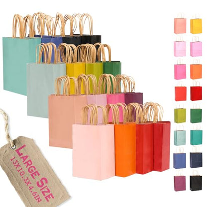 qiqee 100Pcs Large Size Paper Gift Bags with Handles -13"x10.3"x4.6" Kraft Small Party Bags - 16 Solid Colors - size: 100 Count (Large Size)