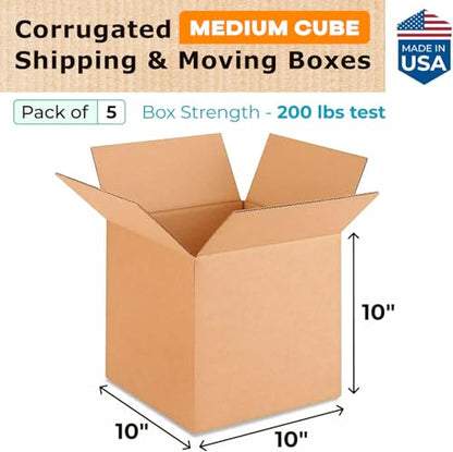 Medium Cube Moving & Shipping Boxes 10 x 10 x 10 inches (5-Pack) - Extra Strength 200 lb vs Regular - Corrugated Cardboard Boxes for Delivery - Shipping Box - Corrugated Box by IDL Packaging - size: 10 * 10 * 10" (Medium Boxes)