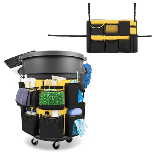 HODRANT 32-55 Gallon Trash Can Caddy Bag with Multi Pockets for Clean Tools - color: Black+Yellow
