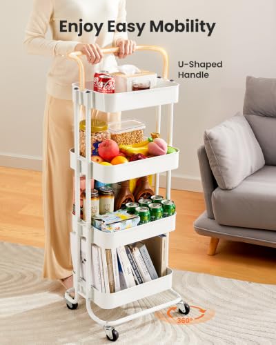 Pipishell Metal 4 Tier Rolling Cart with Handle & 2 Lockable Wheels, White - color: White, size: 4-Tier