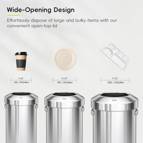 EKO 16-Gallon Round Stainless Steel Open Top Trash Can, Large Commercial Waste Bin with Detachable Lid and Carrying Handle, Brushed Metal Garbage Bin for Home, Office, Restaurant, Restroom - color: Stainless Steel, size: 60 Liter, Round