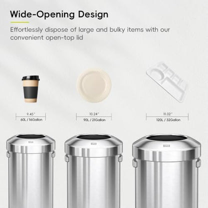EKO 16-Gallon Round Stainless Steel Open Top Trash Can, Large Commercial Waste Bin with Detachable Lid and Carrying Handle, Brushed Metal Garbage Bin for Home, Office, Restaurant, Restroom - color: Stainless Steel, size: 60 Liter, Round