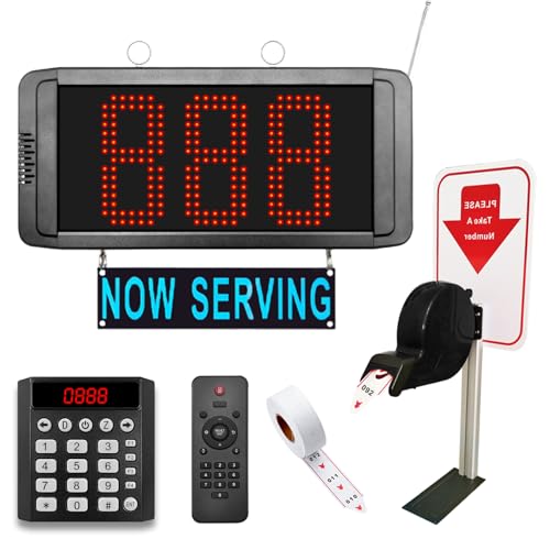 Queue Calling System Wireless 3-Digit Take a Number Machine with Now Serving Display Screen Numeric Keypad Caller and Ticket Dispenser Stand from 000-999 Paper Roll for Restaurant Bank Clinic