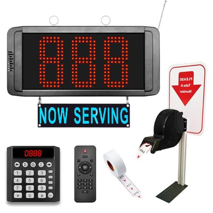 Queue Calling System Wireless 3-Digit Take a Number Machine with Now Serving Display Screen Numeric Keypad Caller and Ticket Dispenser Stand from 000-999 Paper Roll for Restaurant Bank Clinic