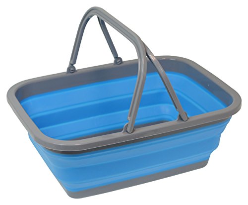 Collapsible Shopping Basket Tote – Silicone Market Basket with Handles, Portable and Foldable, Blue
