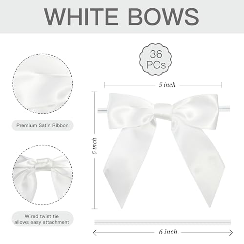 Pre-Tied White Satin Ribbon Twist Tie Bows 5 Inch, 36 Pack - color: White