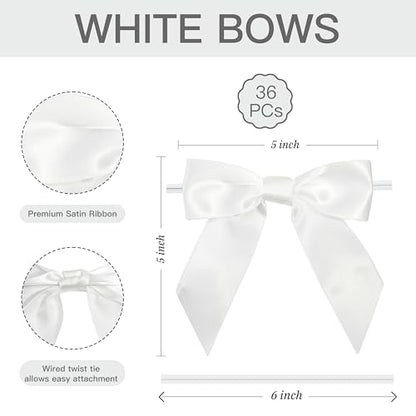 Pre-Tied White Satin Ribbon Twist Tie Bows 5 Inch, 36 Pack - color: White